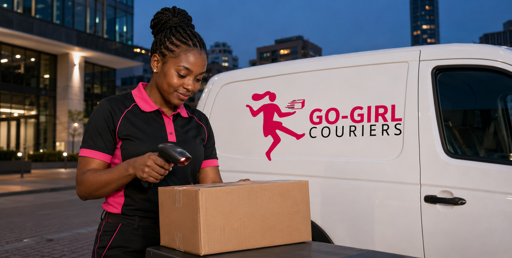 Go Girl Couriers driver scanning a parcel for overnight delivery in South Africa